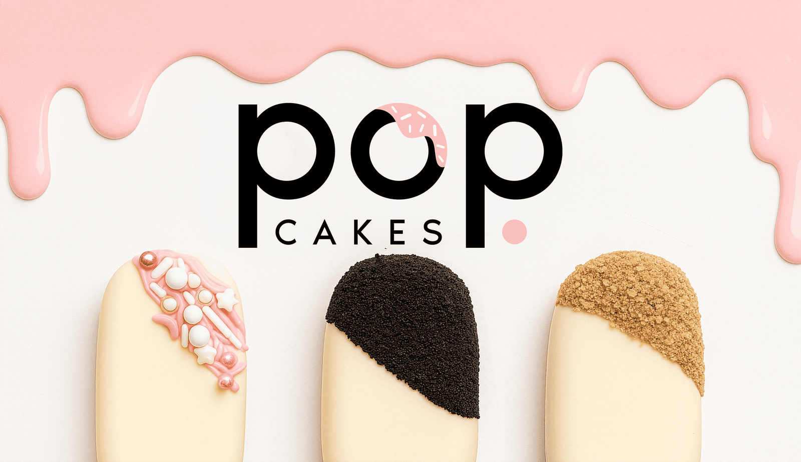 Three white chocolate-dipped cake pops with different toppings in front of a pink icing drip, with the text "pop cakes" in bold letters above.