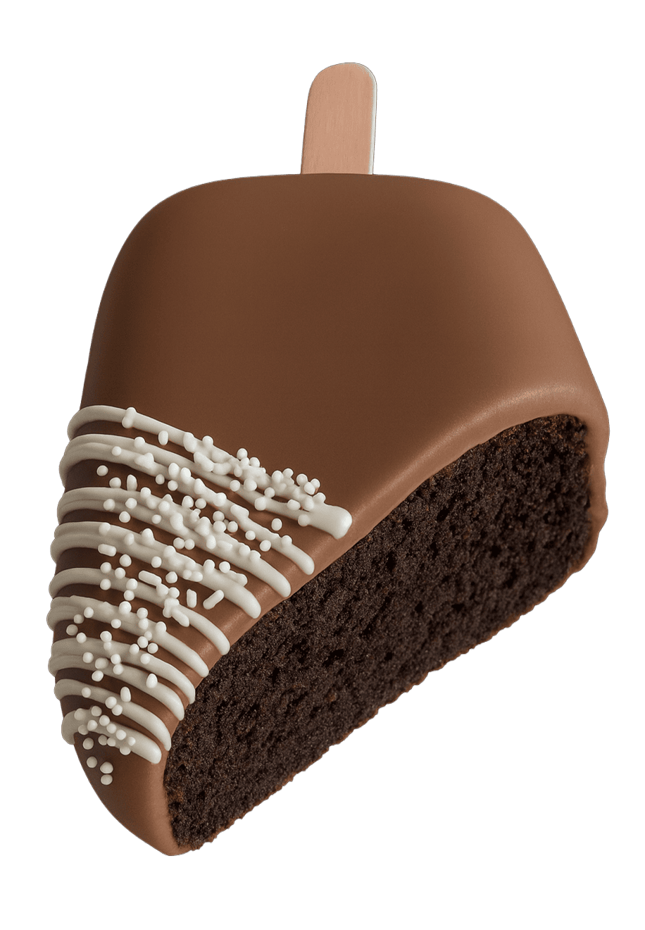 A chocolate-covered cake slice on a stick, half coated in milk chocolate with white chocolate drizzle and small white sprinkles on one side.