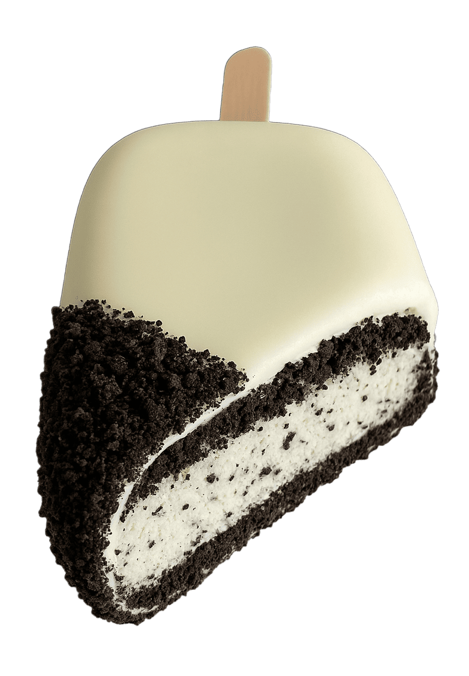 A slice of cookies and cream ice cream cake on a stick, coated in white chocolate and crushed cookie crumbs, against a plain background.