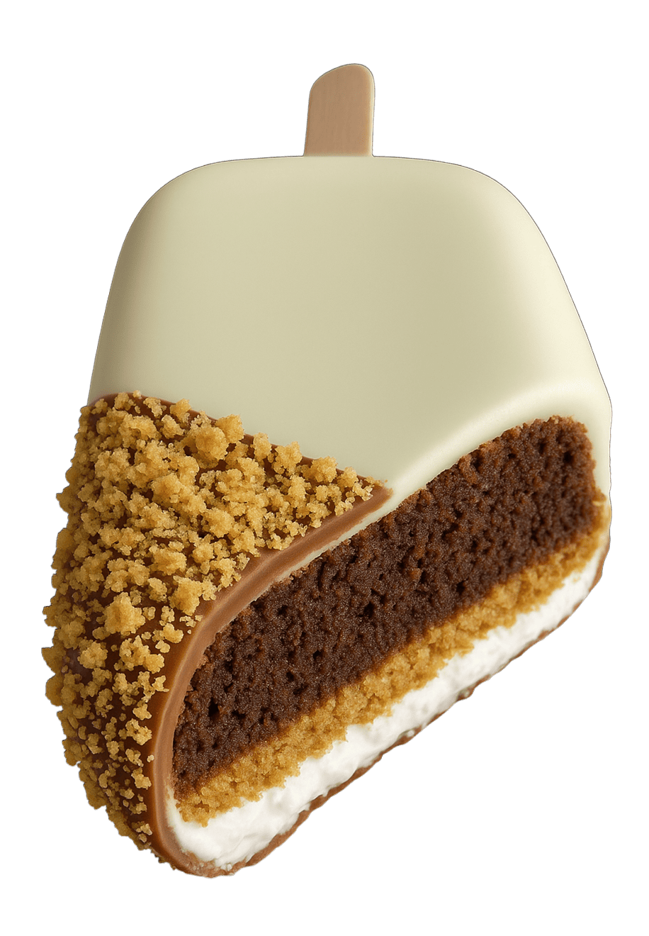 A slice of chocolate cake coated in white icing, with one half covered in crumb topping, and a wooden stick inserted at the top.