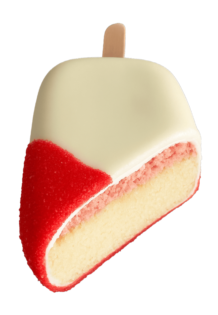 A slice of cake covered in white icing with a red section, featuring a wooden stick inserted at the top.