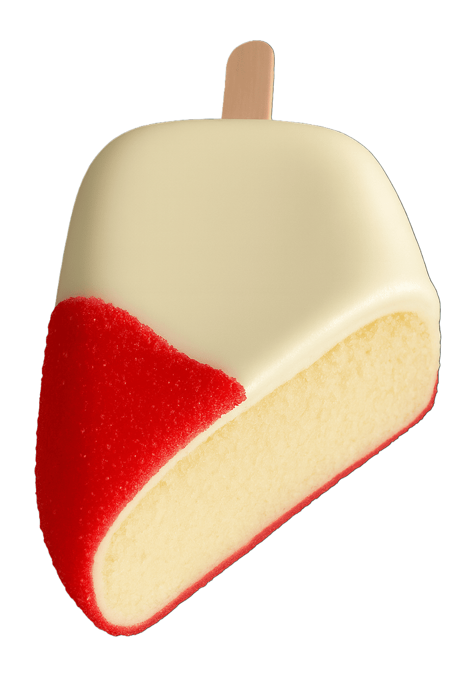 A slice-shaped ice cream bar on a stick, coated in white and red chocolate, with a creamy yellow interior visible.