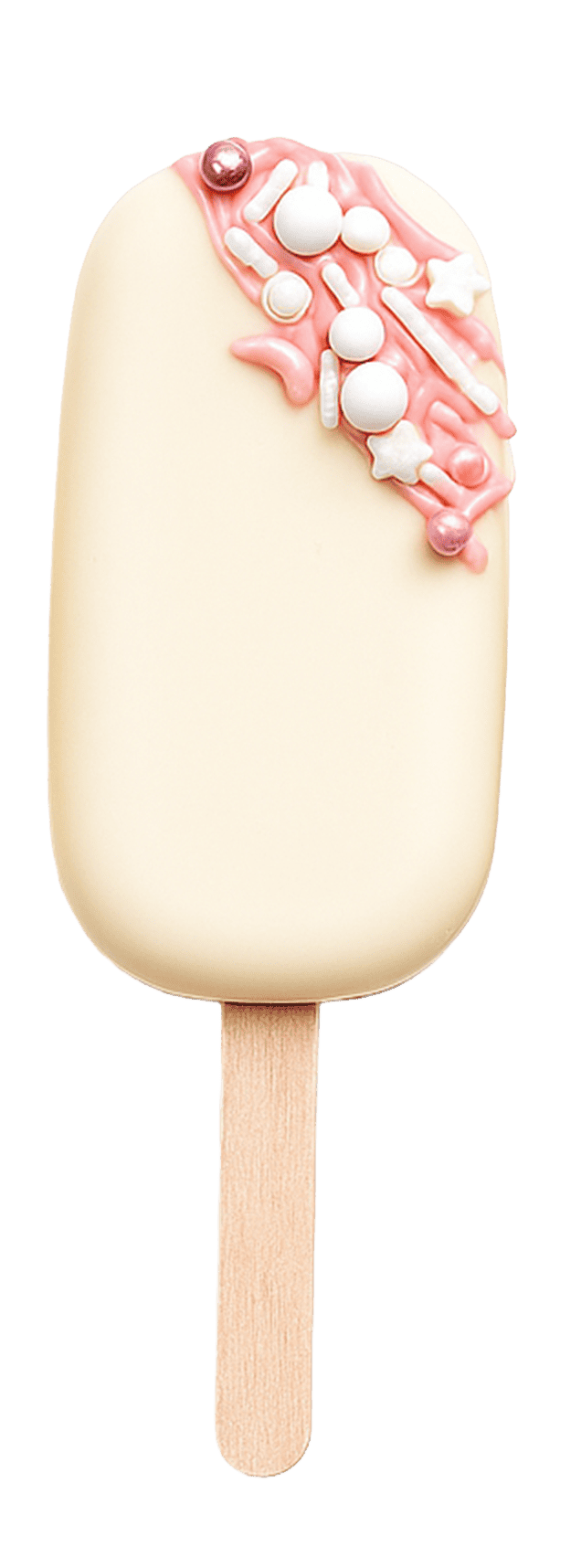 A white chocolate ice cream bar on a wooden stick, decorated with pink icing and white and pink candy sprinkles on one corner.