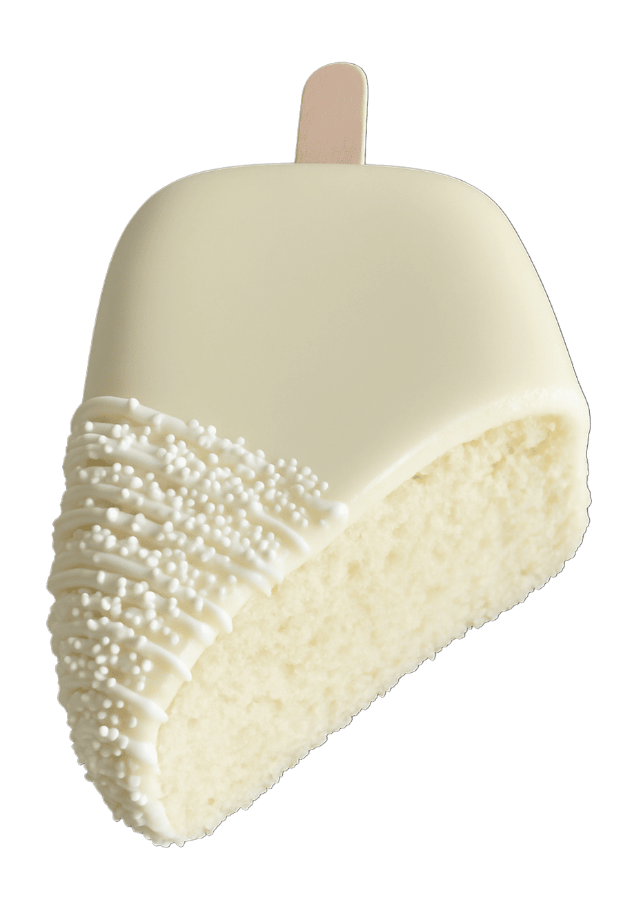 A slice of white cake on a stick, coated in white chocolate with decorative white sprinkles on one side.